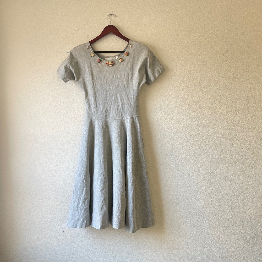 Karen Kane Jersey Knit Gray Midi Dress Embellished Neckline Fit and Flare Small